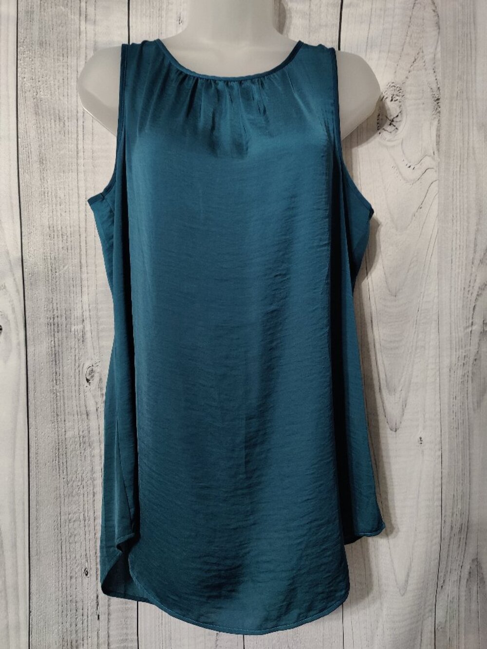 CAbi "Mist Top" Dark Teal Satin Tie-Back Keyhole Sleeveless Blouse